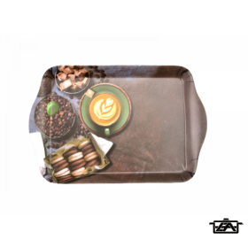 Tálca uzsonnás 21*14,1*1,8 cm  műanyag kávé + sütemény mintával M40340